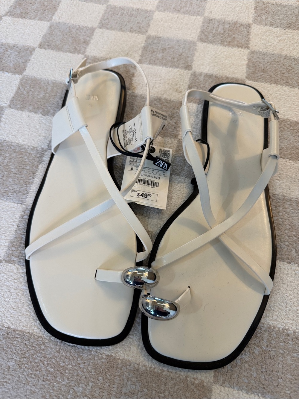 ZARA White Strappy Sandals with Silver Toe Accents